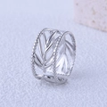 Minimalist silver leaf hollow pattern stainless steel open ring with bead border decoration - Cutout Leaf Style (40196) / Silver