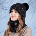 Winter knitted beanie and neck warmer set in black with colorful flecks and button detail - Black
