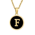 Classic gold stainless steel necklace with round black pendant featuring golden letter F - Black Enamel Letter F