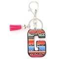 Detail of letter G keychain featuring Mexican serape stripes, leopard print, and pink tassel - Letter G