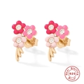 Three pink enamel flowers earrings in 925 sterling silver with zircon accents - 925 Silver / Gold-Rose Red+Pink+Light Pink