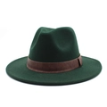 Detail of dark green wool felt jazz hat with a brown leather strap in British style - M (56-58cm) / Dark Green