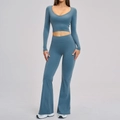 Women's Morandi blue yoga set with V-neck long sleeve crop top and high waist flared pants - 3109 Long-sleeved Shirt + 3109 Flared Pants — Cosmic Blue
