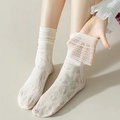 White Japanese JK style lace mesh socks with bow detail and sheer pattern design - One Size / White Slouch Socks