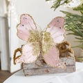 Pink fabric butterfly Christmas ornament with gold glitter edges and crystal details - 21×25CM / Pink