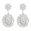 Polished silver lion head dangle earrings with intricate textured geometric relief detail - Lion Head Relief Shiny Silver (N-826)