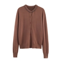 Brown knit cardigan with crew neck, ribbed cuffs and beaded neckline on white background - S / Caramel color
