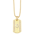 Detailed macro view of golden dog tag pendant with silver letter O and small zircon stones - Letter O