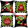 Set of four Grinch Christmas pillow covers in durable linen with Joy and Believe patterns - Green Cartoon Character Style (YMX95) / 4 Pieces/Pack (45x45cm)