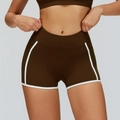 Dunkelbraune High-Waist-Yogashorts mit weißem Kontrastrand und Seitentaschen - S / Schokobraun