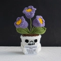 Knitted skull planter with purple flowers and motivational emotional support card - Halloween 3-Head Lily of the Valley Purple