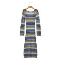 Slim fit long sleeve striped knit dress with multicolor horizontal pattern and bodycon fit - S / Rainbow Striped
