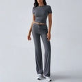 Women's 2-piece dark grey casual set with short sleeve crop top and flared trousers - S / Dark Gray