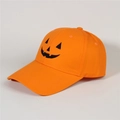 Détail de la casquette orange avec broderie citrouille d'Halloween et visière en denim - Style 34-Orange Halloween Citrouille Visage