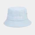 Close-up of light blue cotton bucket hat with white Colorado embroidery and metal eyelets - Light Blue