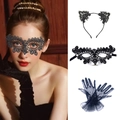 Black lace cat ear headband, eye mask, and gloves three-piece set for Halloween party costume - 017 Black Set (Include Headband/Mask/Mesh Gloves)