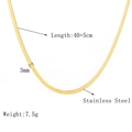 Detailed view of a 3mm wide golden stainless steel snake chain necklace with dimensions - Gold Blade Chain 3mm Wide 40+5cm
