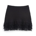 Detailed close-up of a black knitted high-waisted mini skirt featuring dense fringe hemline - S / Black Skirt