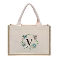 Linen canvas tote bag with pink handles, beige body and floral letter V print - Butterfly Floral Letter V