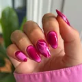 Detail of pink flame ombre almond press-on nails set with 24pcs manicure pieces - Bz1575 A Riot Of Colors / Glue Type