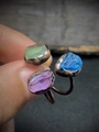 Macro shot of raw crystals on vintage bronze adjustable rings in blue and green colors - Adjustable Open / Natural Color (Random Shape)