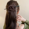 Minimalist wood hair stick with long gold tassels, green leaf charms and pearls - 15# Hair Stick - Willow Leaf Pearl Tassel