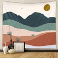 Detail of bohemian tapestry featuring abstract mountain landscape and yellow sun design - Mld205