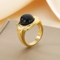 Macro shot of wide gold band ring featuring a large black round polished gemstone inlay - US 6 / Gold With Black Onyx Round (KR111558-GC)