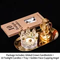 Europäisches Glas-Kronen-Kerzenhalter-Set mit Engel und goldenem Tablett - Goldrand Kronenhalter + Gesichtshaltender Engel (Gold) Set