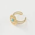 Detail of bohemian gold ring showing a turquoise center stone and sunburst pattern - Adjustable Open / Round Lake Blue