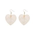 Detailed view of golden heart-shaped earrings with intricate leaf vein filigree texture - Gold