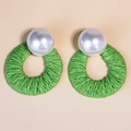 Bohemian green raffia hoop earrings with elegant white pearl stud for women - Green Pearl Embellished Woven Hoop Earrings