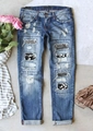 Straight-Leg-Jeans in Blau mit Rissen und Pailletten-Patches im Totenkopf-Design für Damen - S / Totenkopf-Strass-Aufnäher