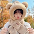 Cute camel plush bear-ear hooded scarf set in thick faux rabbit fur for women - Khaki - [With Bear Ears]