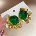 Vintage emerald green square gemstone earrings with wavy gold-plated metal frames - 71# Gold Dark Green Gem (Silver Earring Post)