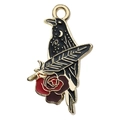 Gothic black raven enamel pendant holding a red rose with golden moon and stars - Crow Holding Rose