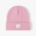 Pink knitted beanie with white clover embroidery for warmth in casual winter style - One Size / Embroidered White Clover / Dusty Pink