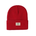 Detail of red knit beanie featuring a white Brooklyn N°86 woven patch and fine texture - M (56-58cm) / Burgundy