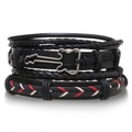 Men's multilayer black leather bracelet featuring a silver guitar charm and woven cord - Black (Guitar/Red White Black Braid)