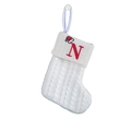 White cable knit Christmas stocking with red embroidered letter N and small Santa hat - White-Letter N