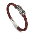 Bracciale da uomo in pelle intrecciata rossa con chiusura a testa di drago argentata - 22cm Pelle Rossa Color Acciaio