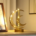 Lampada luna in metallo dorato con motivi intagliati e luce calda a LED decorativa - Stile Doppia Luna / Bianco caldo