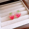 Sparkly resin strawberry stud earrings with red gradient and glitter in wooden jewelry box - 41# Silver Earring Post - Pink - Strawberry