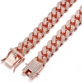 Macro detail of rose gold iced out Cuban link collar with clear zircon pavé setting - 75cm / Rose Gold