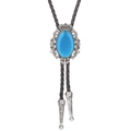 Detail of silver crown bolo tie with blue oval stone and woven black leather cords - Sky Blue Cat's Eye Stone