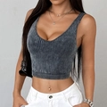Top corto Y2K grigio scuro in maglia a costine da donna con stile sportivo slim fit - S / Nero