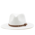Classic white straw fedora hat with a brown leather studded belt for summer sun protection - M(56-58cm) / Pure White