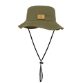 Olive green sun bucket hat with leather brand label and adjustable black chin strap - Adjustable / Army Green