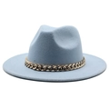 Light blue wool jazz fedora hat with a decorative thick gold chain band for men and women - Sky Blue