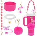 Pink straw cover, silicone boot, and floral charm kit set for tumblers on white background - 7-Piece Set 23-Pink Bow Bracelet